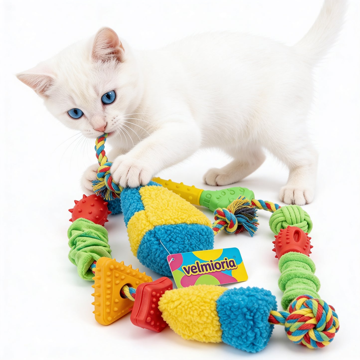 velmioria® Interactive Tug & Energy Release Cat Toy – Dual-Handle Pulling Toy with Feather Teaser for Strength, Play & Indoor Exercise