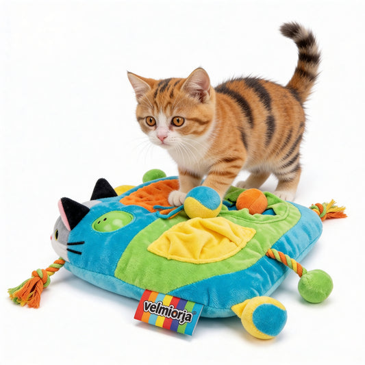 velmioria® Plush Activity Cat Mat Toy – Multi-Zone Interactive Puzzle Cushion for Hunting, Pawing & Energy Release