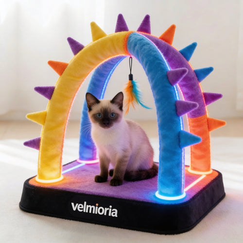 velmioria® Interactive Rainbow Arch Cat Play Gym – LED Lighted Teaser Toy for Active Play &amp; Energy Release