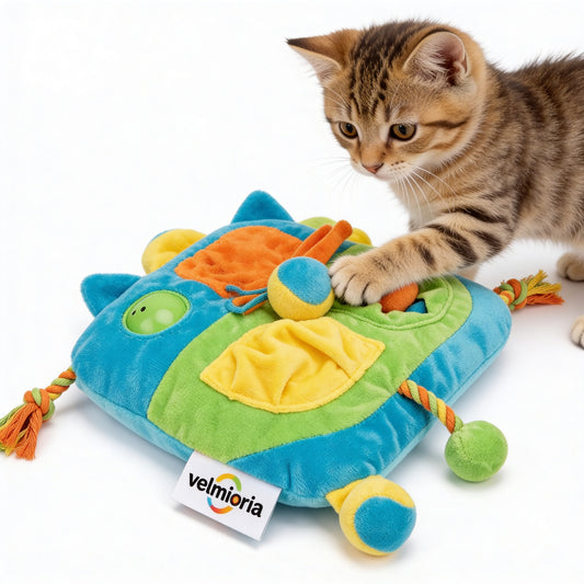 velmioria® Plush Activity Cat Mat Toy – Multi-Zone Interactive Puzzle Cushion for Hunting, Pawing & Energy Release