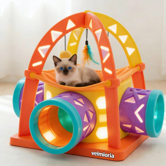 velmioria® Interactive Rainbow Arch Cat Play Gym – LED Lighted Teaser Toy for Active Play &amp; Energy Release