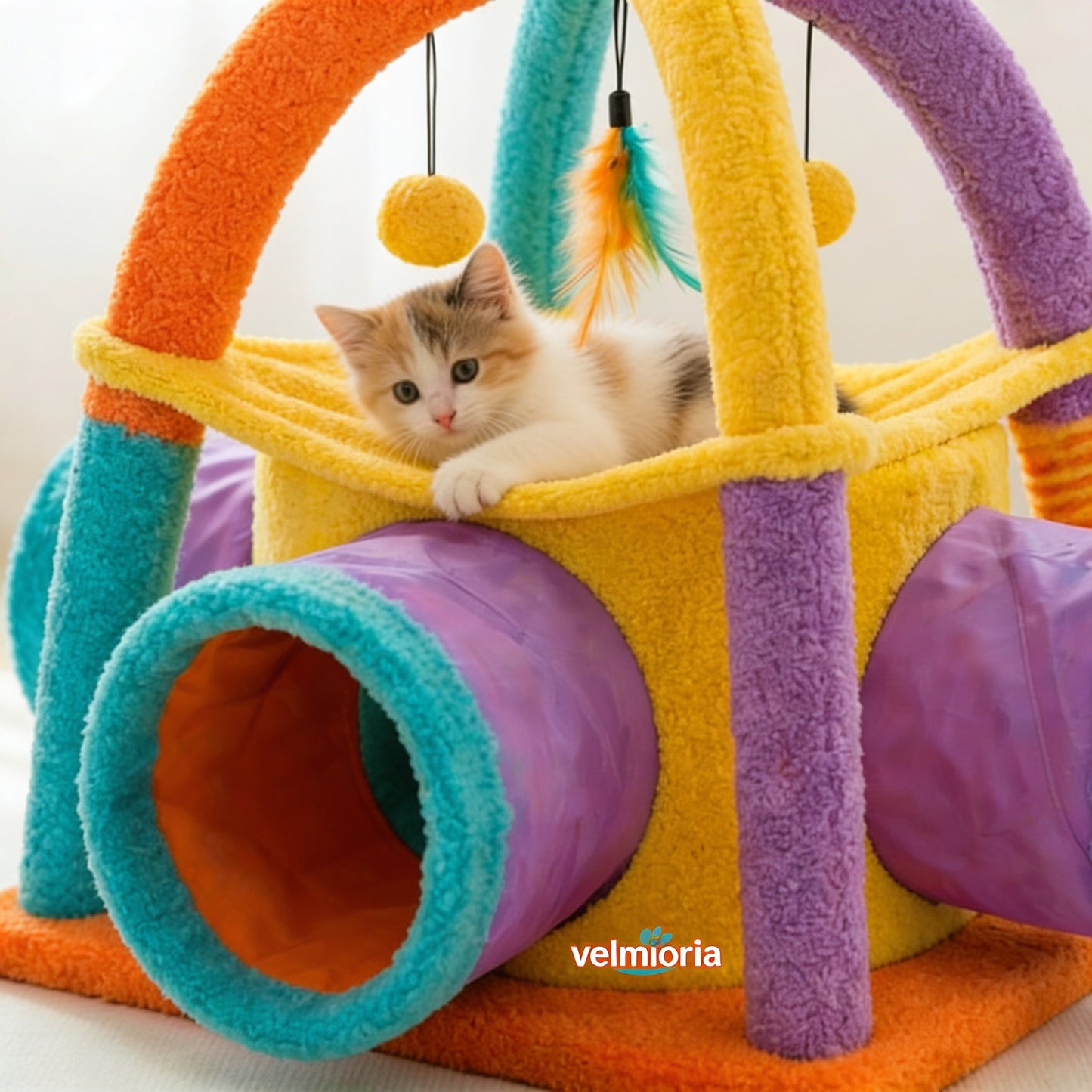 velmioria® Interactive Rainbow Arch Cat Play Gym – LED Lighted Teaser Toy for Active Play &amp; Energy Release