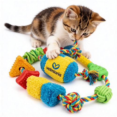 velmioria® Interactive Tug & Energy Release Cat Toy – Dual-Handle Pulling Toy with Feather Teaser for Strength, Play & Indoor Exercise